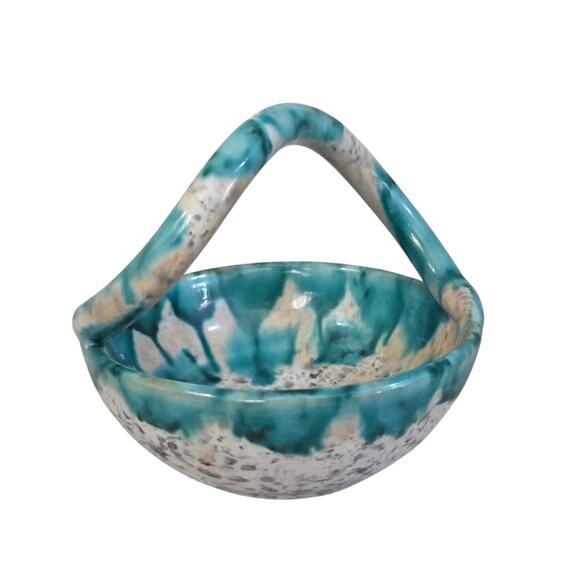 Terracotta Pottery Art Glazed Basket Green White Drip Paint Made Italy Numbered - Picture 1 of 9